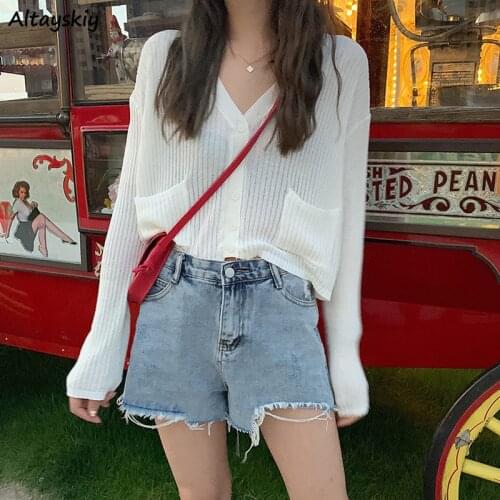 Cardigan Women Summer Sunproof Casual Fashion Korean Style Full Sleeve Loose V-neck Pocket Preppy Student All-match Streetwear