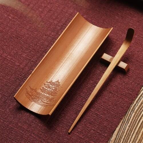 Chinese Traditional Building Engraving Design Bamboo Saucer Teaspoon Retro Thickness Tea Tool Set For Home Hotel Teahouse Office