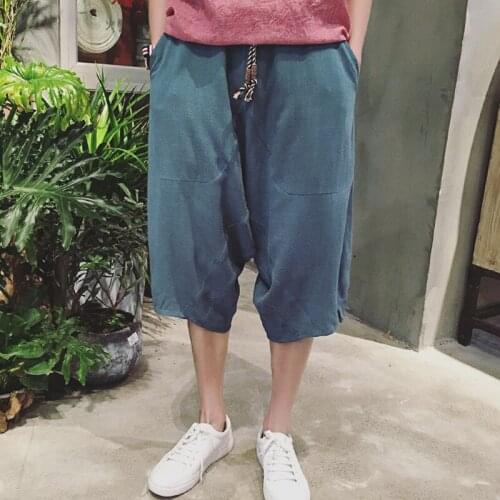 Chinese wind young linen Harun pants down pants big yard wide-legged pendant pants mens tide seven-point pants
