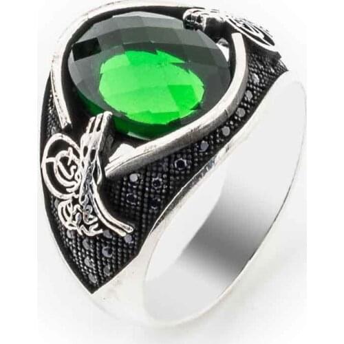 Green Zircon Stone Ottoman Monogram Sterling Silver Ring