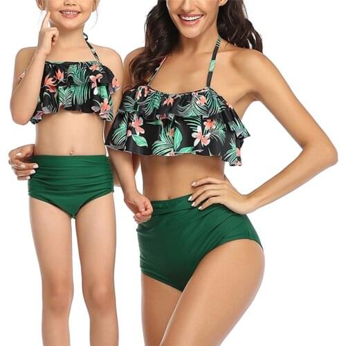 2021 Mommy and Me Swimsuit Family 2-Piece Bikini Set Leopard/Floral Crop Halter Back Tie Bra Tops High Waist Triangle Panty Set