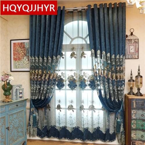 2020 Hot Custom European Royal Blue Big Flower Luxury Curtains For Living Room Embroidered Voile Drapes Window Curtain Bedroom