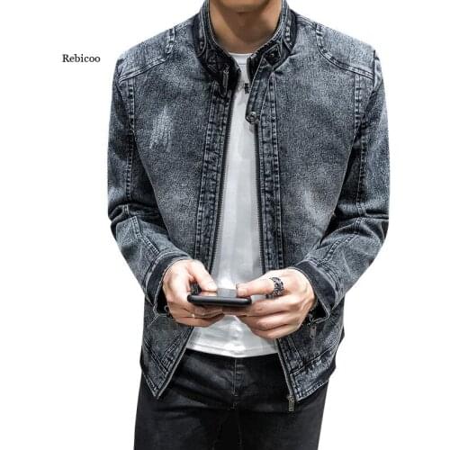 Men Denim Jacket Youth Leisure Restoring Ancient Ways Pure Color Cultivate Ones Morality Mens Clothing Collar Jacket