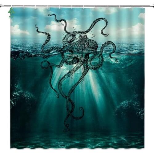 Octopus Sea Monster Teal, Polyester Waterproof Fabric Shower Curtain Bathroom Decor