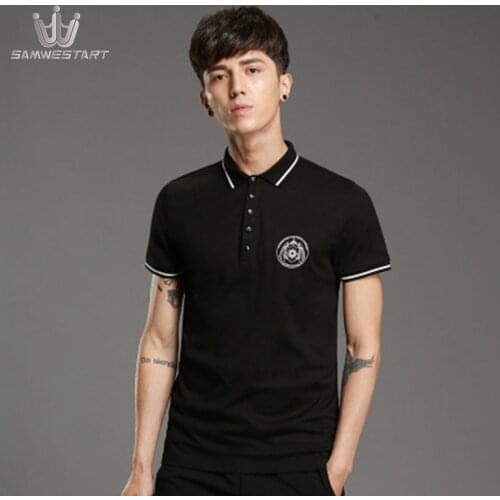 SAMWESTART Mens Polo Shirt Summer Menswear Camisa Masculina Short Sleeve Turn-down Collar Buttons Black Work Casual Polo Shirt