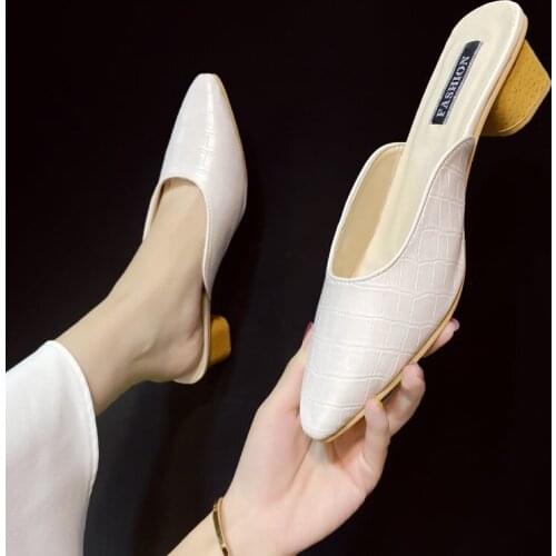 Womens Sandals French elegant pointed toe single shoes thick heel lazy ins hot single shoes fashion outer wear 2020 summer new