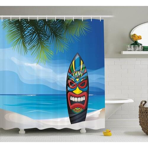Tiki Bar Decor Shower Curtains Tiki Warrior Mask Design Surfboard on Ocean Beach Abstract Landscape Surf Bathroom Curtain Mat