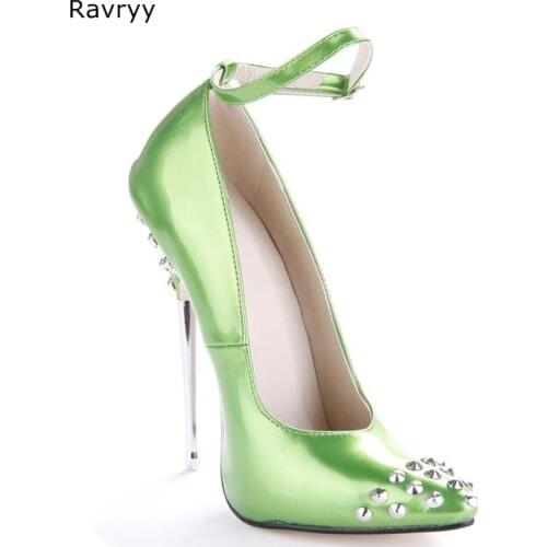 Hot Green Woman high heel Pointed Toe rivets decor Sexy Pumps thin heel female shoes stiletto Model Show club party dance shoes