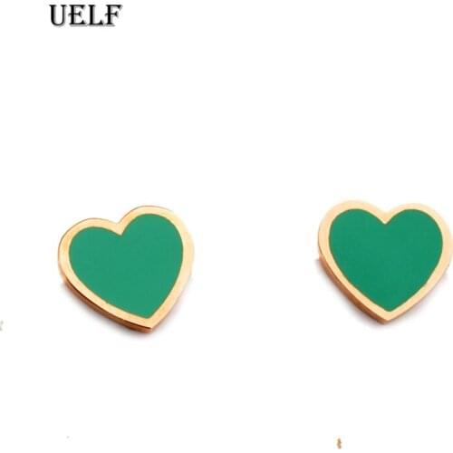 Uelf Korean Style Lovely Heart Stud Earrings Green Heart Earrings For Women Girls Best Gift Wholesale Stainless Steel Jewelry