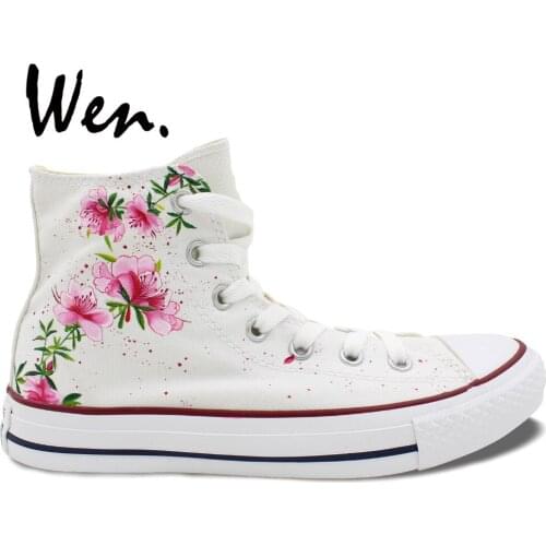 Wen Original Sneakers Design Custom Hand Painted Shoes Pink Flowers Floral Women Mens High Top White Canvas Sneakers