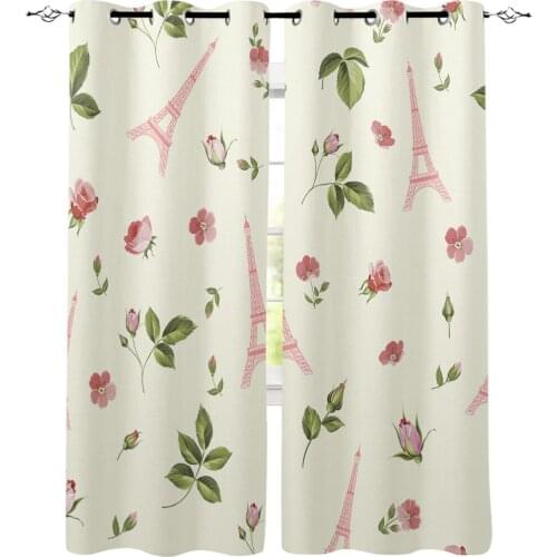 Spring Pink Flowers Green Leaves Eiffel Tower Printed Window Curtains Living Room Bedroom Curtains Polyester Cloth Home Decor