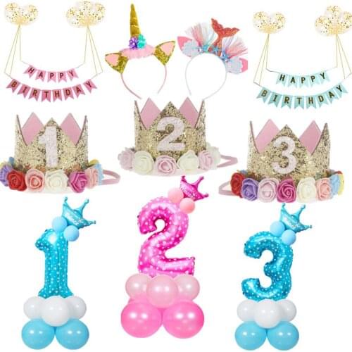 WALMD 1pcs 1 2 3 Birthday Caps Flower Crown 1st Birthday Hat Newborn Baby Birthday Headband 1 Year Birthday Party Decorations