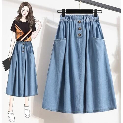 High Waist Denim Skirt Big Size Women Autumn 2021 New Mid-Length Loose Thin Bag Hip A-Line Skirt Summer