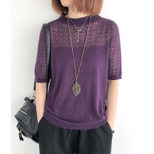 Women T shirt Knit O neck Buttoming 2021 Autumn Hollow out Half Sleeve Loose Pullovers Casual Women Blouse