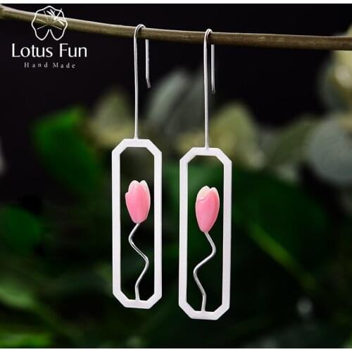 Lotus Fun Natural Shell Lily Flower Dangle Earrings Real 925 Sterling Silver 18K Gold Rectangle Handmade Fine Jewelry for Women