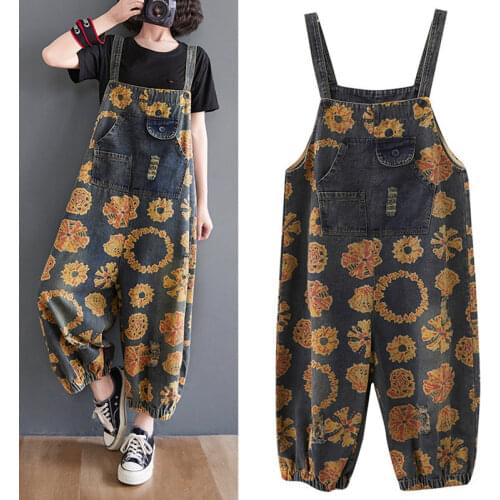 Ladies Loose Vintage Wide Leg Jumpsuits Plus Size Rompers Spring Denim Overalls Women Printed Jeans Jumpsuit