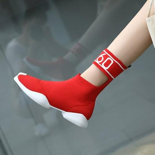 2019 New High Top Women Sneakers 3 CM Sock Flat Shoes Breathable Knitting Ankle Boots Red Black Running Shoes for Woman