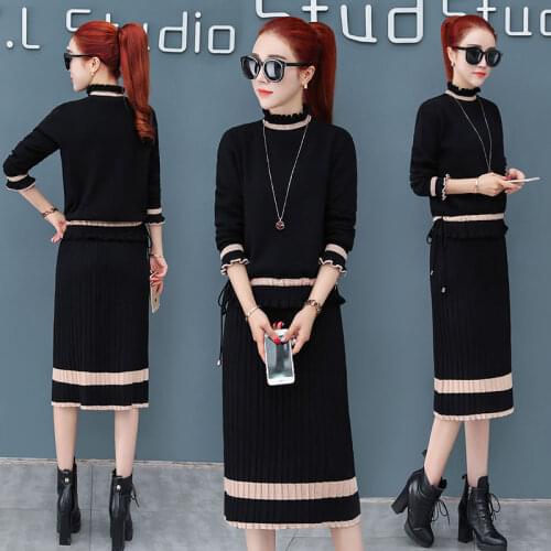 Woman Two Piece Set Female Autumn and Winter Solid Color Knitted Sweater High Waist Skirt Dresses Ladies Stand Collar Suit Q93