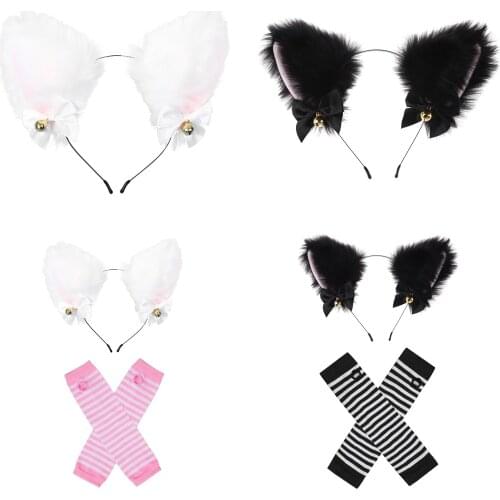 Women Cute Animal Hair Hoop Stripe Elbow Gloves Set Cat Ears Plush Headband with Fingerless Arm Sleeve for Cosplay Party Costume