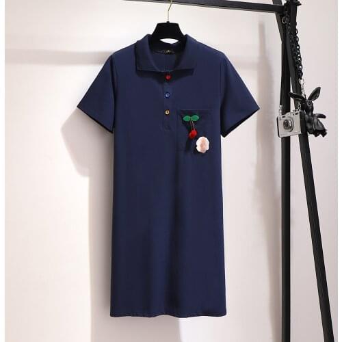 Summer Dress Women Plus Size Korean Short-sleeved Casual T-shirt Cherry Polo Collar Navy Dress