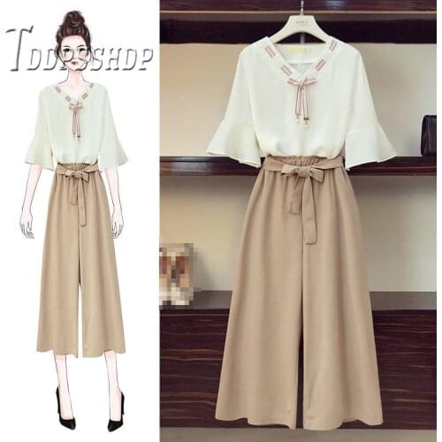 2019 Summer New Women Sets Chiffon Blouses and Casual Pants Female Sets