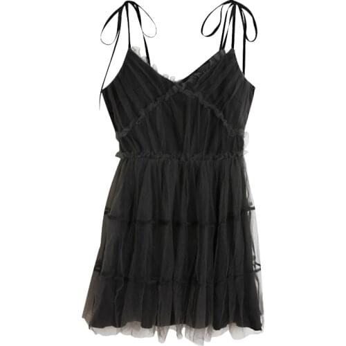 C2676 Summer 2020 new womens fashion temperamental sexy backless V neck net gauze black dress cheap wholesale