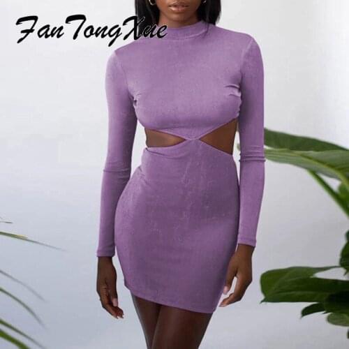 2021 Fall Dresses for Women Solid Open Back Brief Bodycon Dress Women Sheath Long Sleeve Round Neck Above Knee Party Dress