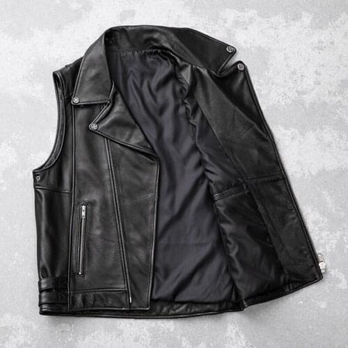 2020 Black Men Slim Fit Motorcycle Plus Size XXXXXL Genuine Cowhide Spring Short Bikers Leather Vest FREE SHIPPING