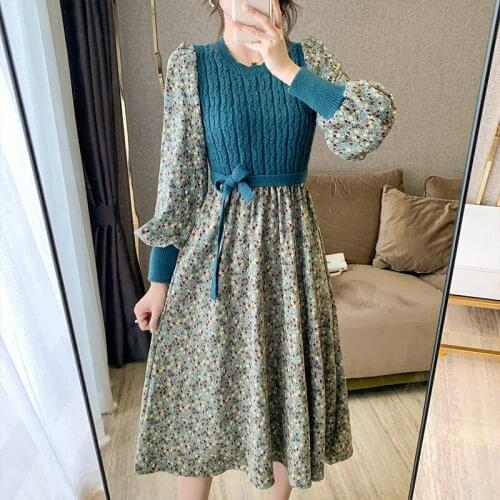 2021 Women Cottagecore Dress Vintage Korea Corduroy Floral Woman Dresses High Waist Stitching Bandage Knitted Clothes Slim Body