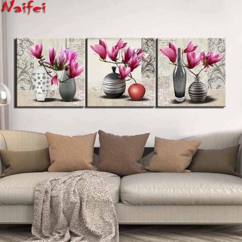 Retro Pink Flower Pictures 3 Pieces Wall Art Diy Diamond Painting Lily Flowers for Living Room Home Decor Still Life Triptych