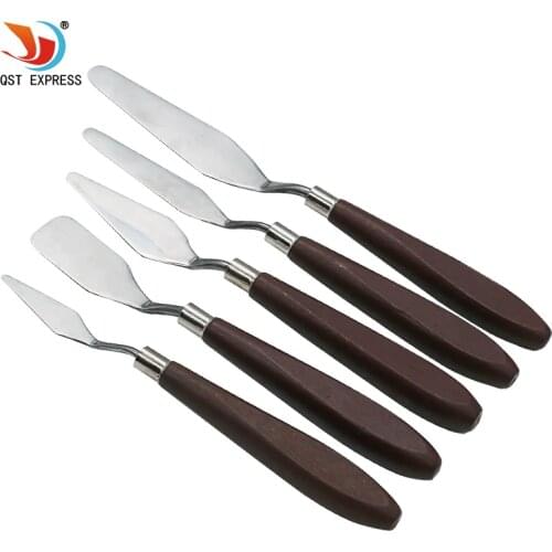 QSTEXPRESS 5Pcs Stainless Steel Palette Scraper Set Knives For Artist Oil Painting Tools Painting Knife Blade Wooden Handle