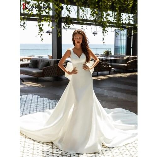 2021 New Arrival Satin V-Neck Sleeveless Mermaid Wedding Dress Custom Made Bow Detachable Train Backless 2 IN1 Bridal Gown