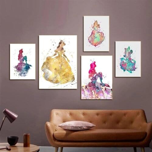 Disney Cartoon Princess Canvas Painting Mermaid Watercolor Prints and Posters Wall Art Pictures for Kids Room Decoration Cuadros