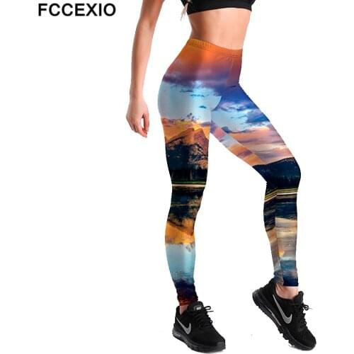 FCCEXIO New Sport Leggings Blue Sky Scenery Sunset Print For Women gym Fitness Pants High Waist Slim Elastic Meditation Leggings