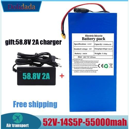 52V 14S5P 55000mAh 18650 1500W lithium battery for balance car, electric bicycle, scooter, tricycle+Gift 58.8V 2A charger
