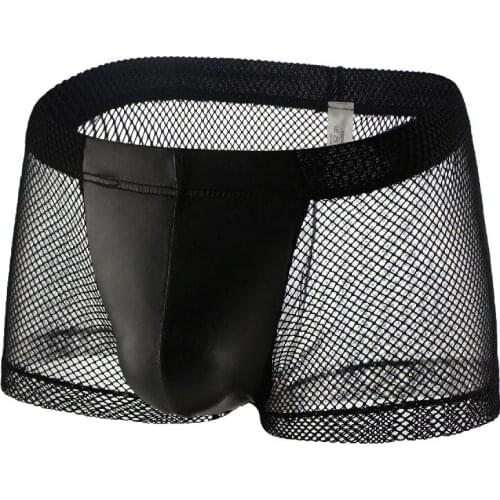 Mens Boxers Transparent Mesh Panties Sexy Gay Underwear Man Breathable Faux Leather Pouch Underpants Male Cueca Masculina M-XXL