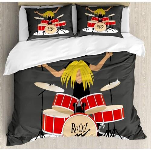 Drums Duvet Cover Set Cool Calligraphic Layout of a Young Boy Rock and Roll Performance Decorative 3 Piece Bedding Set