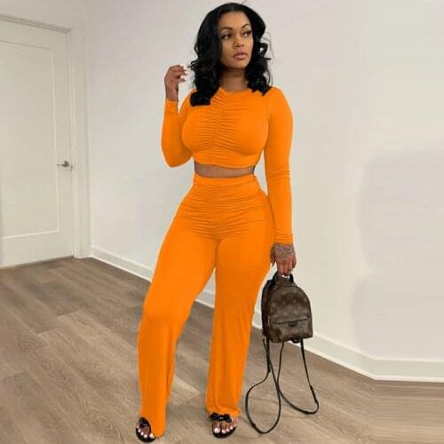 Solid 2 Piece Sets Womens Outfits Long Sleeve Crop Top and Wide Leg Pants Suits Loungewear Casual Matching Sets Wholesale Items