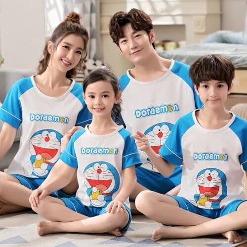 2021 Doraemon Cartoon Parent-Child Pajamas For Boys Girls Children Pure Cotton Sweet Summer Home Wear Tracksuit Kids Clothes