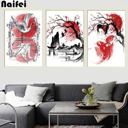 Full square Round diy diamond painting 3pcs Japan Geisha crane samurai wall painting 5d Diamond Embroidery cross stitch kits