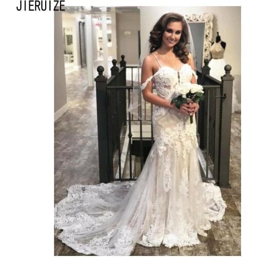 JIERUIZE Chic Sheath Wedding Dresses Spaghetti Straps Zipper Back Lace Appliques Ivory Church Wedding Gowns vestido de noiva