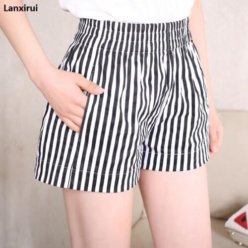 New Fashion Summer Cotton White Black Striped Shorts Female Casual Elastic Waist Pocket Hot Short Plus Size 3XL C164