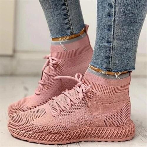 Siddons Autumn New Knit Women Socks Shoes Round Toe Mesh Breathable Casual Sneakers Lace Up Flats Lightweight Female Sneakers