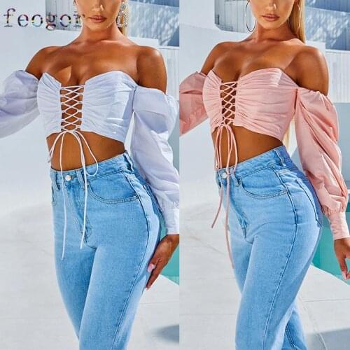 FEOGOR Loose T-shirt Spring/Summer 2021 new solid color one-shoulder tube top lace-up navel slim T-shirt womens clothing