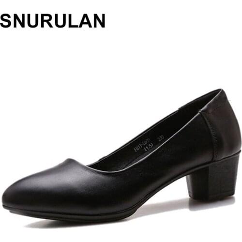 SNURULAN Black pumps in natural leather pointed toe thick heel 4 cm square heels in genuine leather elegant office ladies shoes