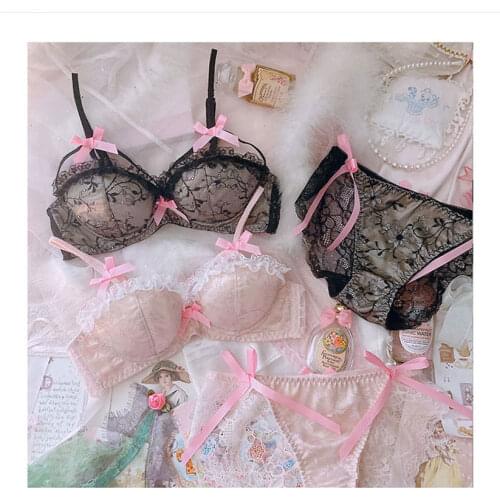 Wriufred Lace sexy underwear plus size women underwire push up cute bow lingerie panty suit thin belt hollow gather bra set