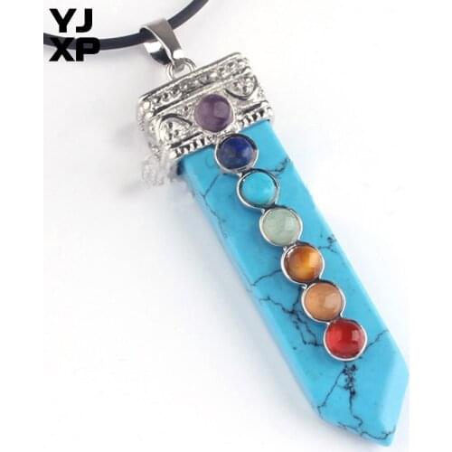 YJXP Classic Silver Plated Sword Shape Blue Turqoises Stone with Round Beads Chakra Pendant Vintage Jewelry