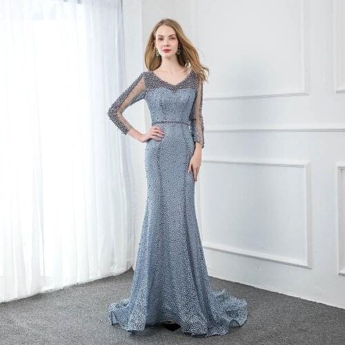 YQLNNE Elegant Long Sleeve Evening Dress 2019 Formal Women Evening Gown Lace Pearls Mermaid Dresses