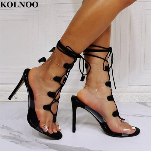 Kolnoo Hot Sale Handmade Womens High Heel Sandals PVC Leather Crisscross Lace-Up Open-Toe Sexy Evening Club Fashion Daily Shoes