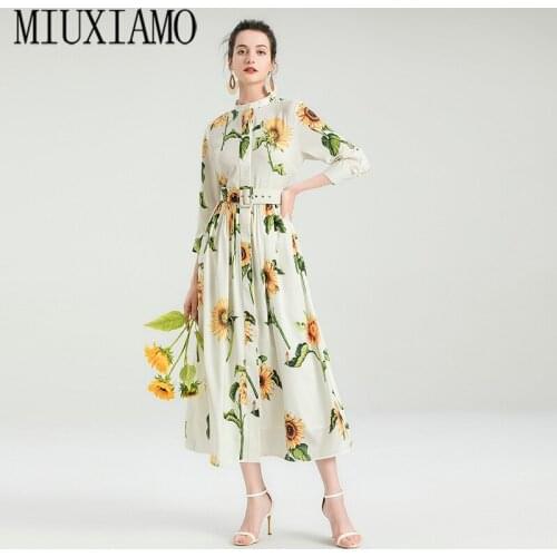 2021 New Summer Fashion Half High Collar Three Quarter Sleeve Print Sashes Slim Dress Womens Wear Elegant
